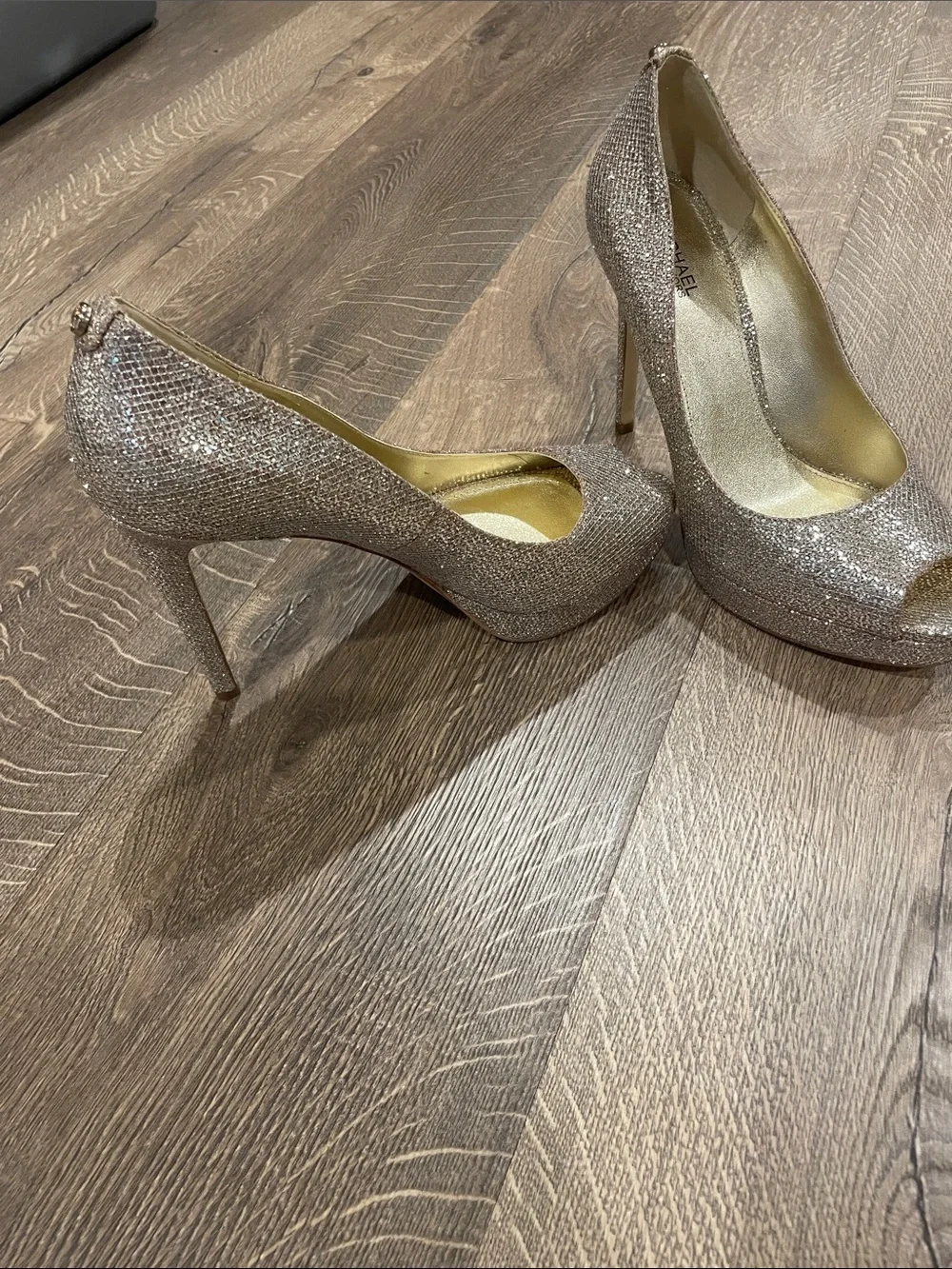 Michael Kors Women’s Glitter Peep-Toe Pumps in Metallic Rose